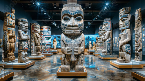A museum displaying numerous wooden statues in various sizes and styles