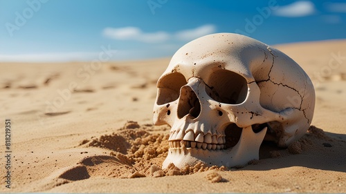 Skull in middle of desert. Dry place landscape in background. Concept of death