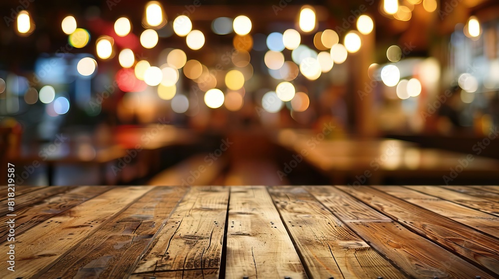 Lively wooden tabletop set against the blur of a vibrant restaurant background, exuding an atmosphere of energy and warmth Lively wooden tabletop set against the blur of a vibrant restaurant background, exuding an atmosphere of energy and warmth