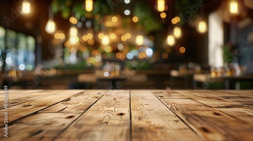 Lively wooden tabletop set against the blur of a vibrant restaurant background, exuding an atmosphere of energy and warmth