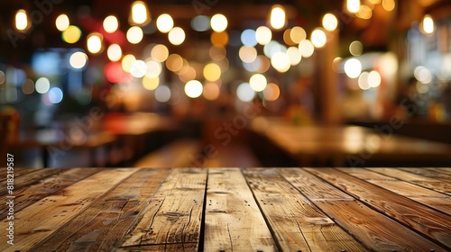 Lively wooden tabletop set against the blur of a vibrant restaurant background, exuding an atmosphere of energy and warmth photo