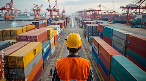 An engineer inspects work at a port with many containers. photo