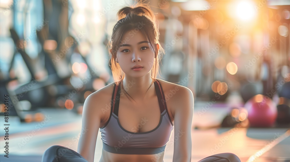 Fototapeta premium Young woman practicing yoga at the gym during sunset, fitness and mindfulness concept