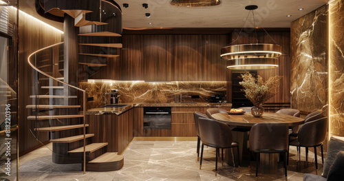 The interior of the apartment is made in dark brown and gold colors. Created with AI