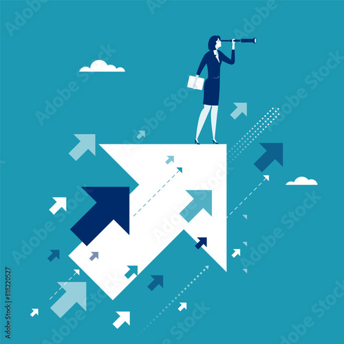 Searching for opportunities. Businesswoman stands on flying arrow. Concept business illustration