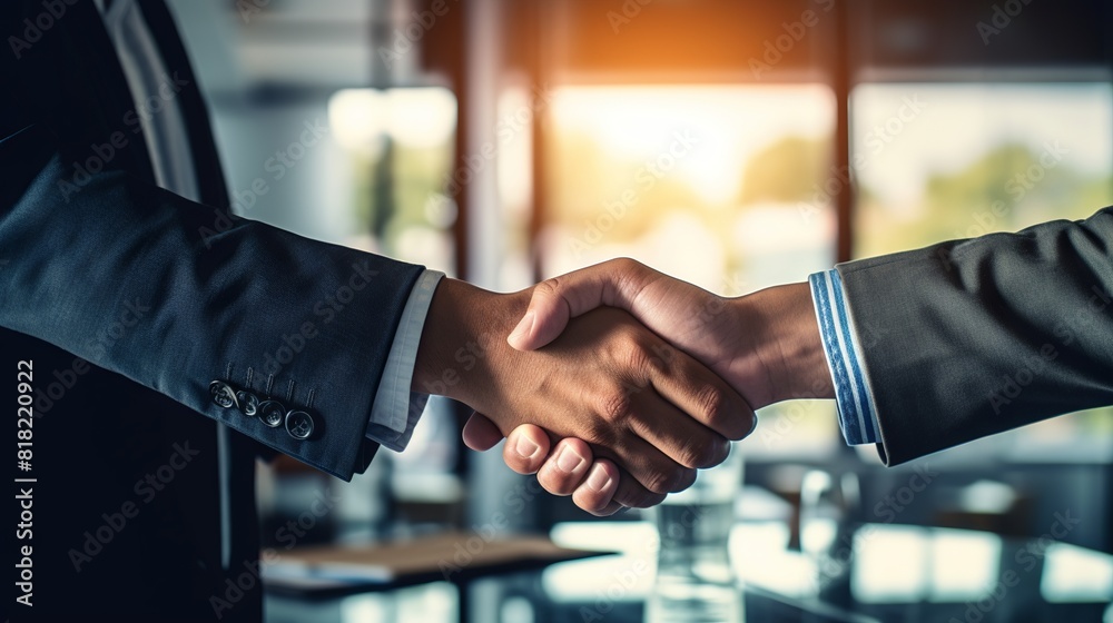 Successful business merger: two businessmen shake hands in celebration of partnership and deal.

