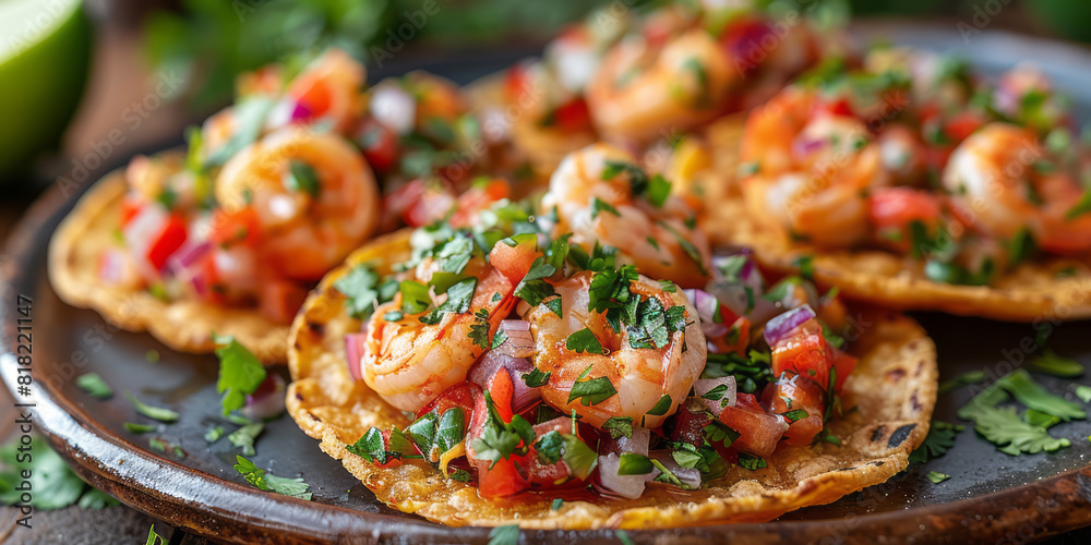 A plate featuring shrimp topped with salsa A plate featuring shrimp topped with salsa