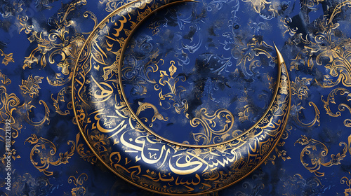 Rich Indigo and Gold Crescent Pattern A sophisticated 3D realistic crescent pattern in indigo and gold  with delicate Islamic designs on a royal blue background.