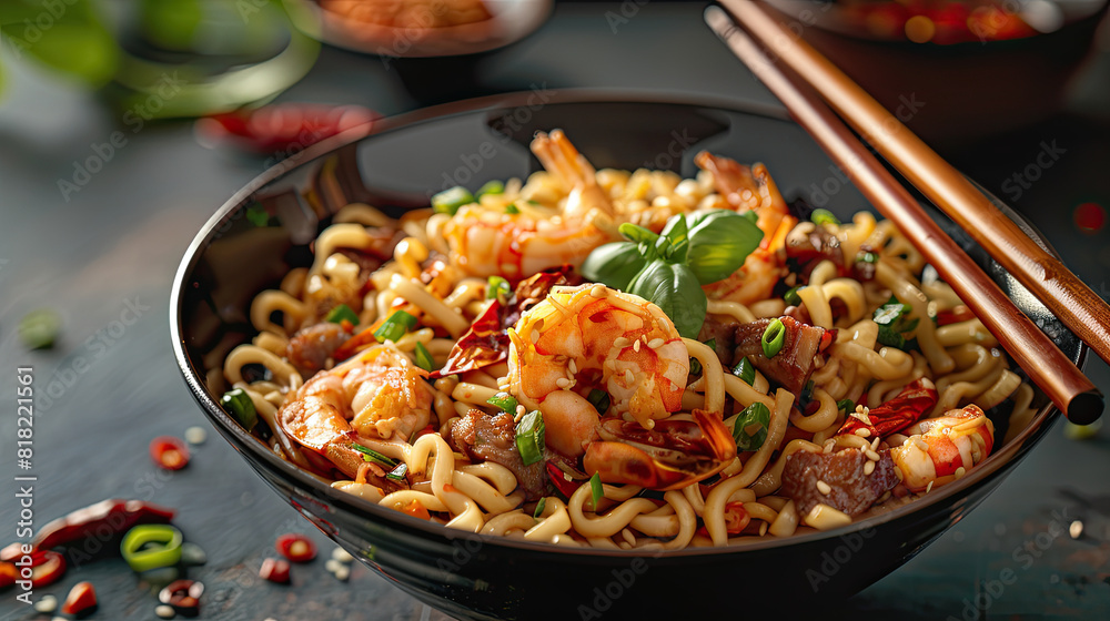 Bowl of instant noodles isolated on wooden background, noodles with chopsticks	

