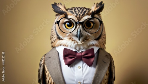 An owl with strikingly patterned feathers is dressed in a suit and bow tie  complete with glasses  exuding an air of wisdom and professionalism ideal for creative stock imagery.