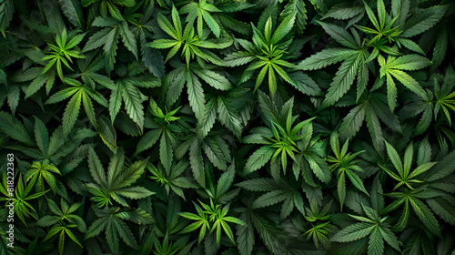 A repetitive design of cannabis leaves on a verdant backdrop. Weed  herb  leafage  dope  pot  Mary Jane  grass  Densely Packed and Vibrant Cannabis Leaves Forming a Seamless Pattern  Generative AI 