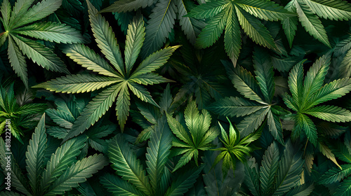 A repetitive design of cannabis leaves on a verdant backdrop. Weed, herb, leafage, dope, pot, Mary Jane, grass, Densely Packed and Vibrant Cannabis Leaves Forming a Seamless Pattern, Generative AI 