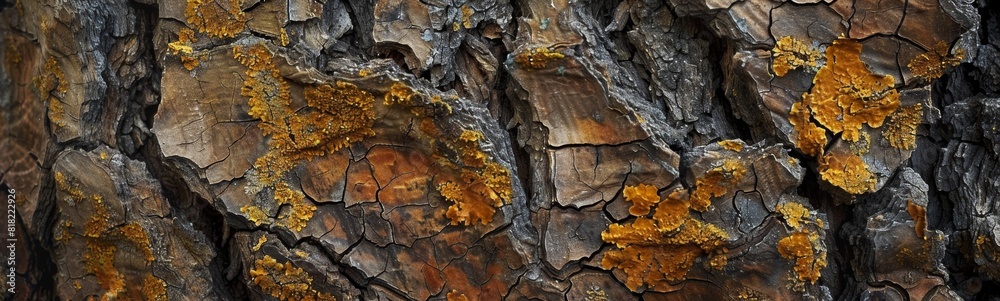 Close up of a tree trunk with yellow lichen