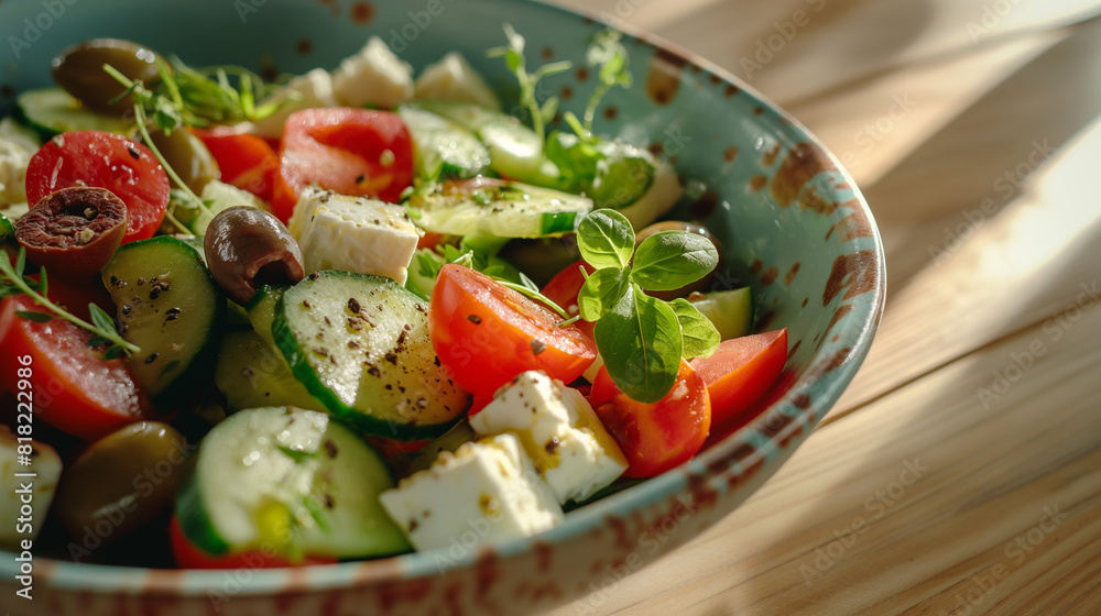 Mediterranean salad with tomatoes, cucumbers, feta cheese, and olives in a bowl Mediterranean salad with tomatoes, cucumbers, feta cheese, and olives in a bowl