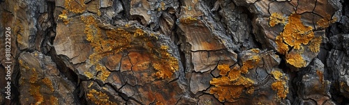 Close up of a tree trunk with yellow lichen