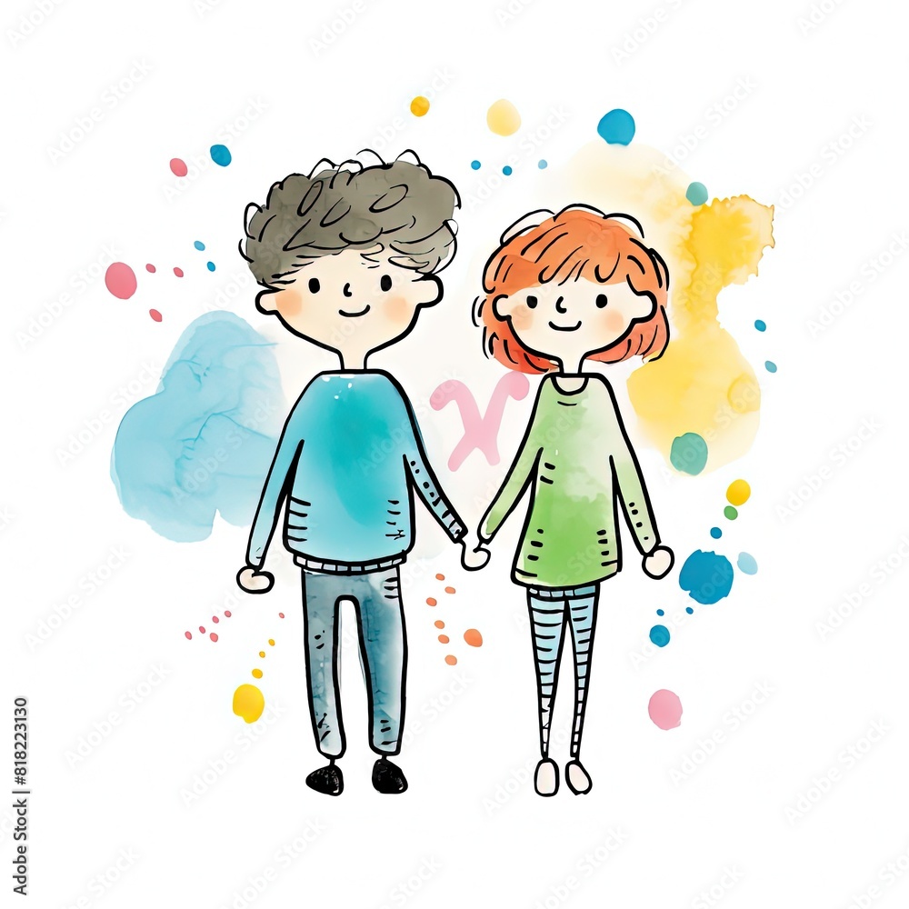 cute boho doodle cartoon illustration of lovely boy and girl couple, artistic clip art isolated on white background cute boho doodle cartoon illustration of lovely boy and girl couple, artistic clip art isolated on white background