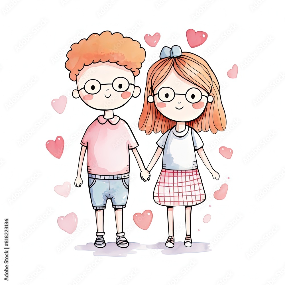 cute boho doodle cartoon illustration of lovely boy and girl couple, artistic clip art isolated on white background cute boho doodle cartoon illustration of lovely boy and girl couple, artistic clip art isolated on white background