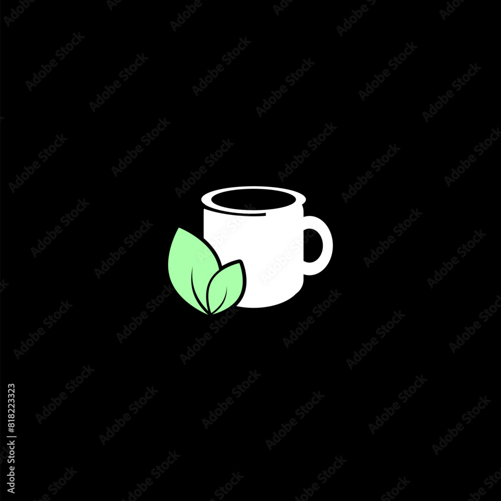 Herbal green tea cup, green leaf with tea cup icon isolated on black background Herbal green tea cup, green leaf with tea cup icon isolated on black background
