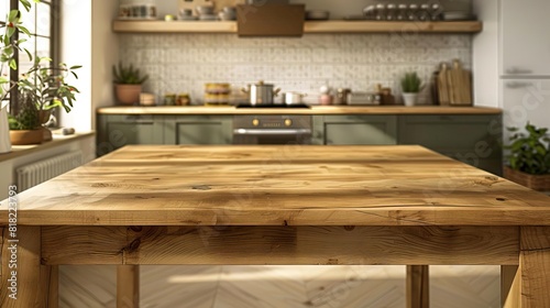 Functional wooden shooting table in a kitchen setting  featuring an empty tabletop and blurred room background  perfect for food and kitchenware photography