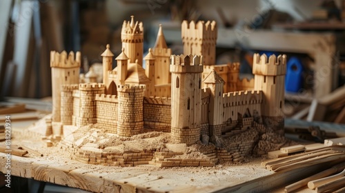 a model of an English castle made from wood on the table in workshop, cinematic, bright light