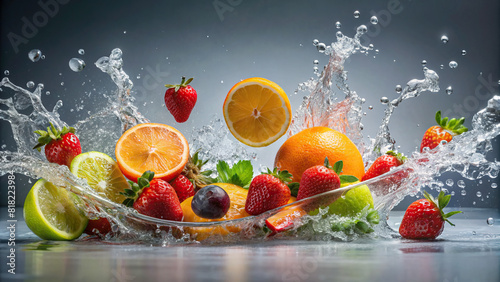 Fresh fruits hitting water  generating energetic splashes against a neutral background