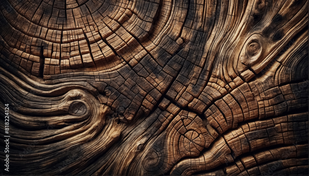 Fototapeta premium The image is a close-up of the wood grain, showing age-old rings and natural patterns