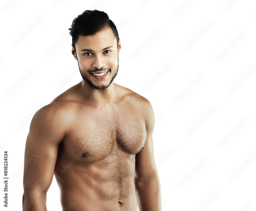 Fototapeta premium Studio, athlete and man with abs, portrait and muscle from exercise, workout and gym for fitness. White background, body builder and person with smile, training and practice with results in mockup