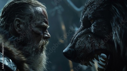 Focus tight on Odin's weathered face, marked by scars of battle, as he stares down Fenrir, whose snarling maw snaps inches from his visage photo