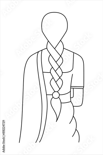 Beautiful Indian woman back with saree and long hair line drawing isolated on white background - vector illustration