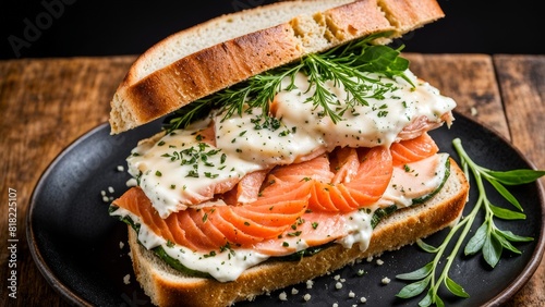 An exquisite sandwich with salmon fillet on thin raw bread, liberally spread with mayonnaise, seasoned with salt and pepper.