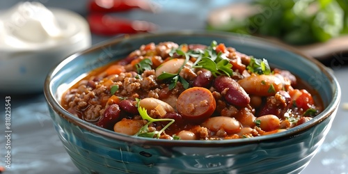 Rich chili blankets sausage slowcooked tomatoes tender beans aromatic spices and chilis. Concept Recipe, Chili Con Carne, Slow-cooked, Comfort Food, Spicy Flavor photo