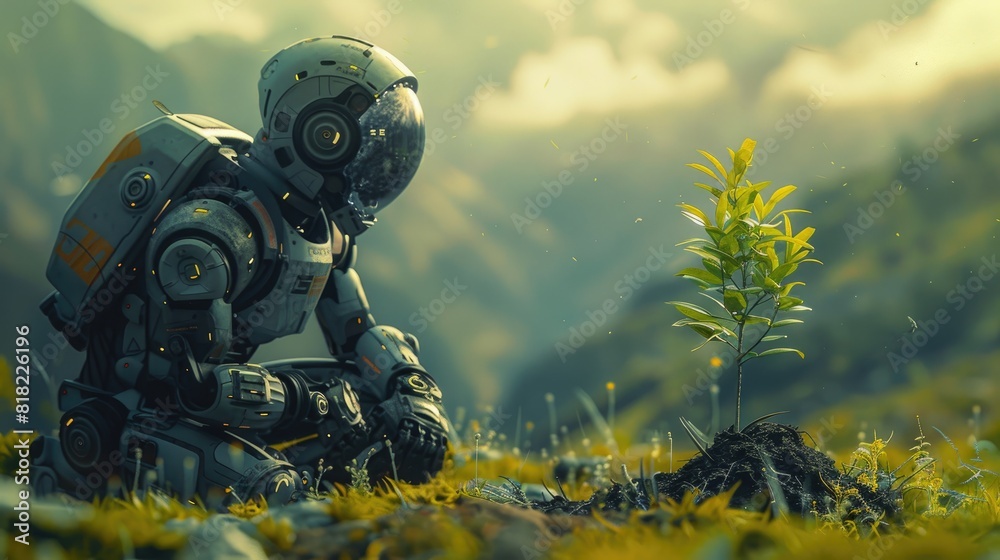 A robot planting a tree in a reforestation effort, Surrounded by a natural landscape, Futuristic preserving and enhancing the environment A robot planting a tree in a reforestation effort, Surrounded by a natural landscape, Futuristic preserving and enhancing the environment