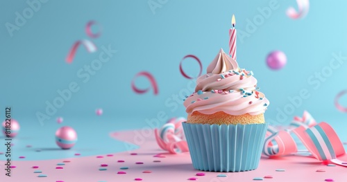 High-Resolution 3D Illustration of a Cute Cupcake with Candle on Pastel Background for Birthday Card Design Elements