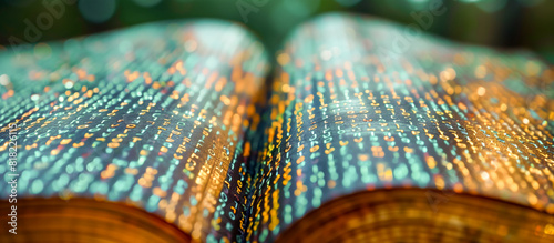 Closeup of an open codex book displaying pages filled with colorful digital code, blending the worlds of literature and technology