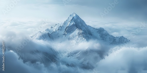A mountain peak breaking through clouds, surrounded by negative space