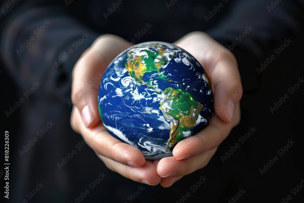 World Environment Day, Earth globe in woman's hands on a black background World Environment Day, Earth globe in woman's hands on a black background
