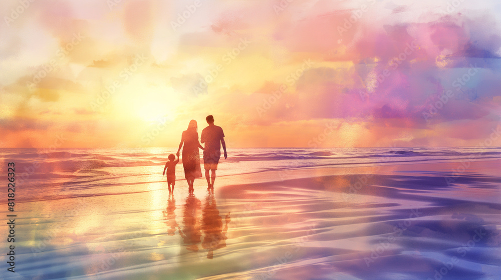 Fototapeta premium Happy family enjoying a leisurely walk on a beach