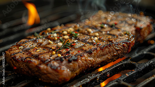 Large beef steak on the grill is fried with smoke.