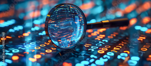 Advanced SEO Algorithm Concept with Binary Code Under Magnifying Glass - Digital Marketing, Data Analysis, Search Engine Optimization, Tech Visualization, Modern Technology, Cyber Analytics