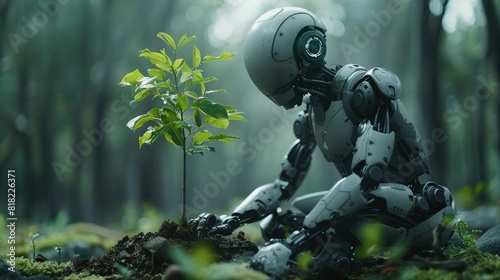 A robot planting a tree in a reforestation effort, Surrounded by a natural landscape, Futuristic preserving and enhancing the environment
