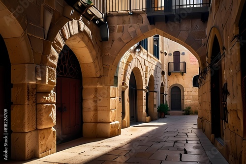 Jerusalem Christian Quarter. Suq Aftimos, the ceremonial gateway to the Muristan in the Old City in Jerusalem, Israel. The site was the location of the first hospital of the Knights Hospitaller during photo