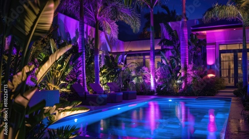 A nighttime shot of an outdoor pool area with LED lighting. Purple and blue lights in the background, surrounded by palm trees and other plants near a luxury home interior. High resolution photography