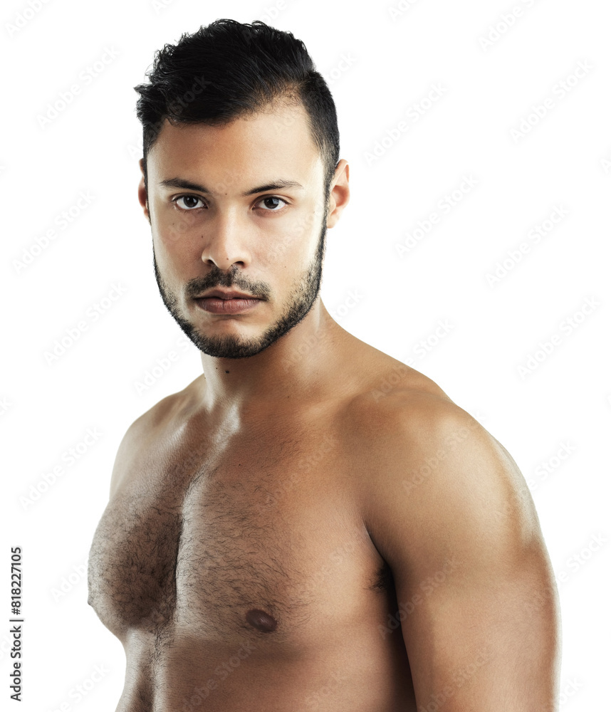 Fototapeta premium Studio, athlete and portrait of man, serious and abs from exercise, workout and gym for fitness. White background, body builder and person with muscle, training and practice with results for wellness