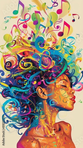 Abstract profile of a woman with colorful musical notes swirling around  symbolizing creativity and musical inspiration. Great for promotional music materials