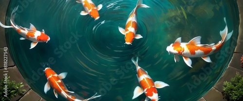 Elegant koi fish swim in a swirling pattern in a clear, circular pond, creating a mesmerizing and peaceful aquatic display. © video rost