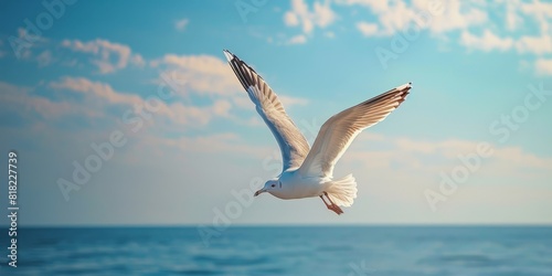 A seagull flying over the ocean with negative space