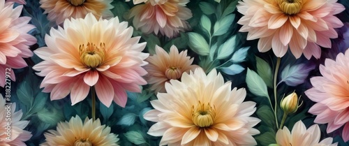 A richly textured digital painting of blooming dahlia flowers in pastel shades, surrounded by lush green foliage, perfect for artistic and floral themes.