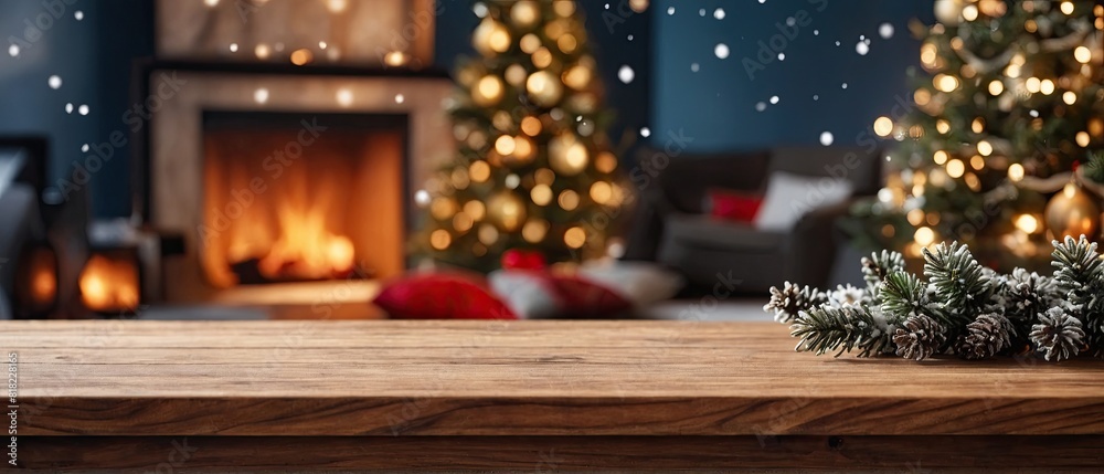 A beautiful wooden table with a christmas tree decorations in the blur background
