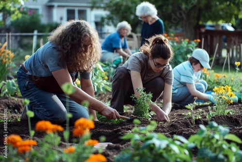 Wallpaper Mural Diverse Neighbors Planting Flowers and Vegetables in Community Garden
 Torontodigital.ca