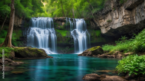 A beautiful waterfall and lake with emerald water in the jungle